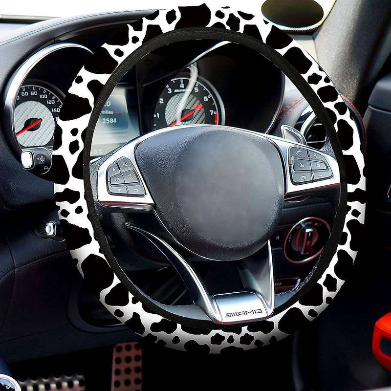 13PCS Cow Print Car Seat Cover Kit, Car Steering Wheel Cover, Seat Belt Pads, Car Coasters, Armrest