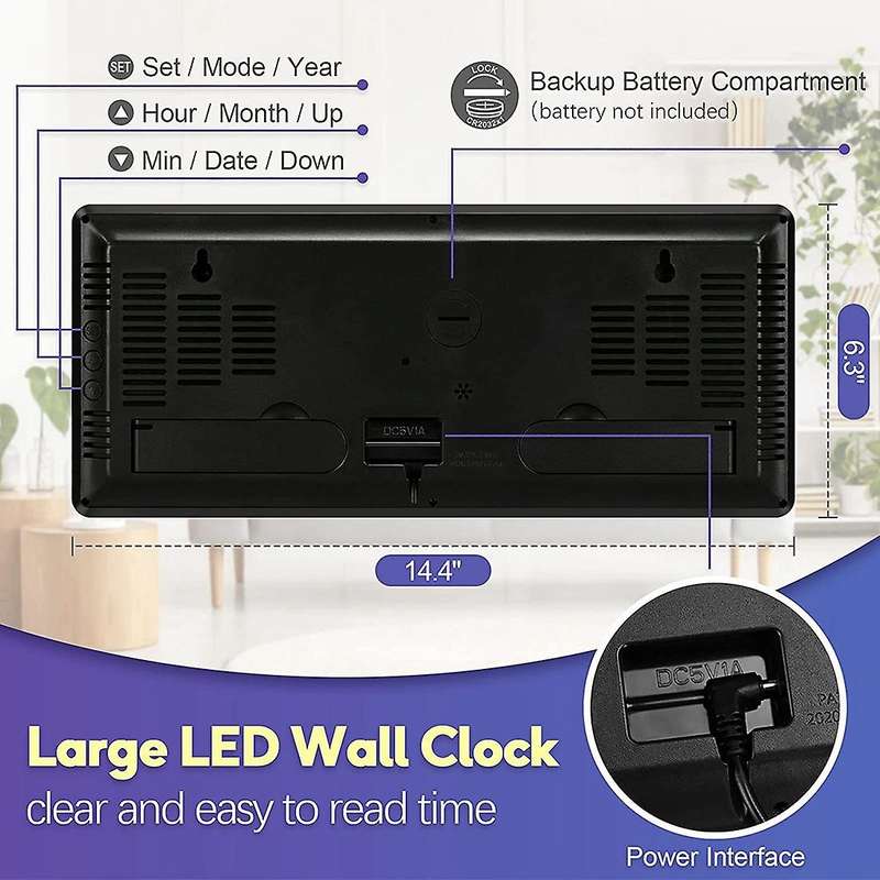 14.3 Inch Large Digital Wall Clock,with Temperature, Date and 12/24H, Auto-Dimming Silent Alarm Wall