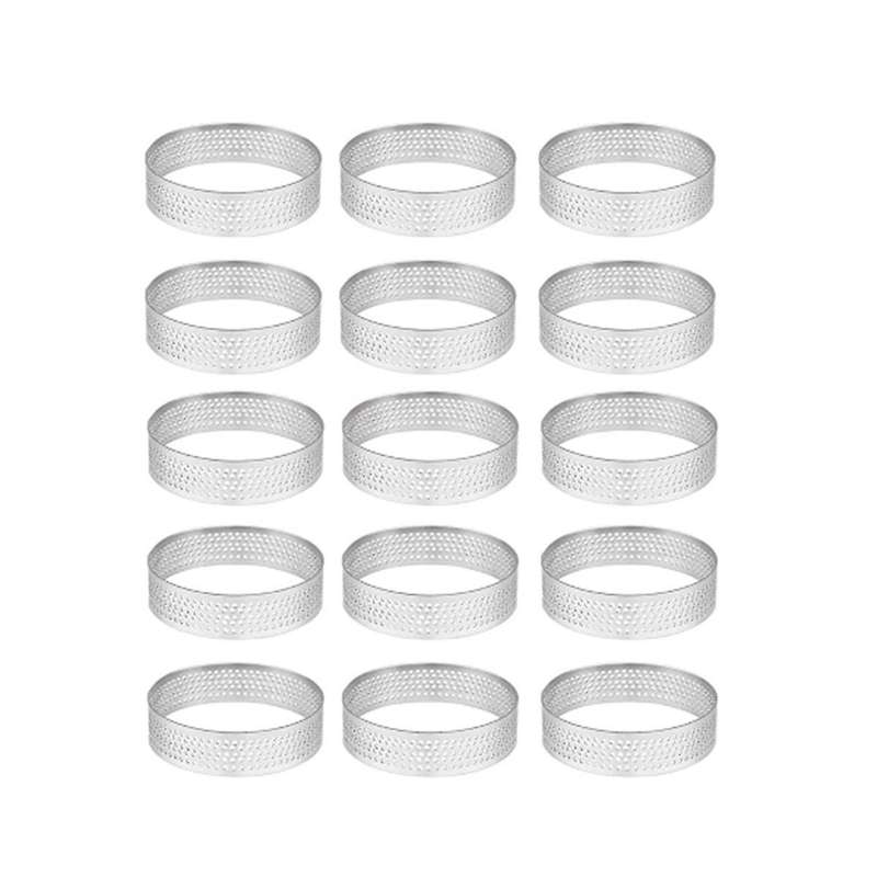 15 Pack Stainless Steel Tart Ring, Heat-Resistant Perforated Cake Mousse Ring, Round Ring Baking Do