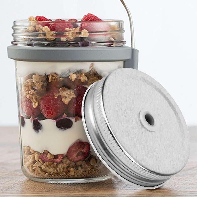 15 Packs Stainless Steel Regular Mouth Mason Silver Jar Lids with Straw Hole Compatible with Mason J