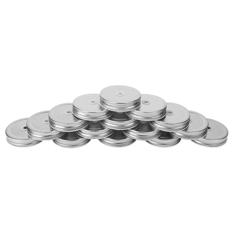 15 Packs Stainless Steel Regular Mouth Mason Silver Jar Lids with Straw Hole Compatible with Mason J