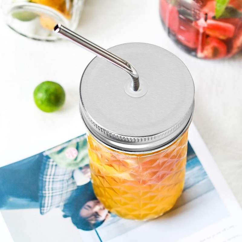 15 Packs Stainless Steel Regular Mouth Mason Silver Jar Lids with Straw Hole Compatible with Mason J