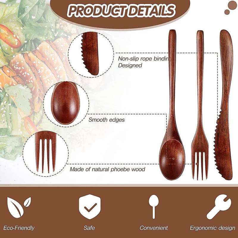 15 Pcs Wooden Spoon Fork Knife Cutlery Set Wooden Dinner Utensil Set Kitchen Wooden Flatware Cutler