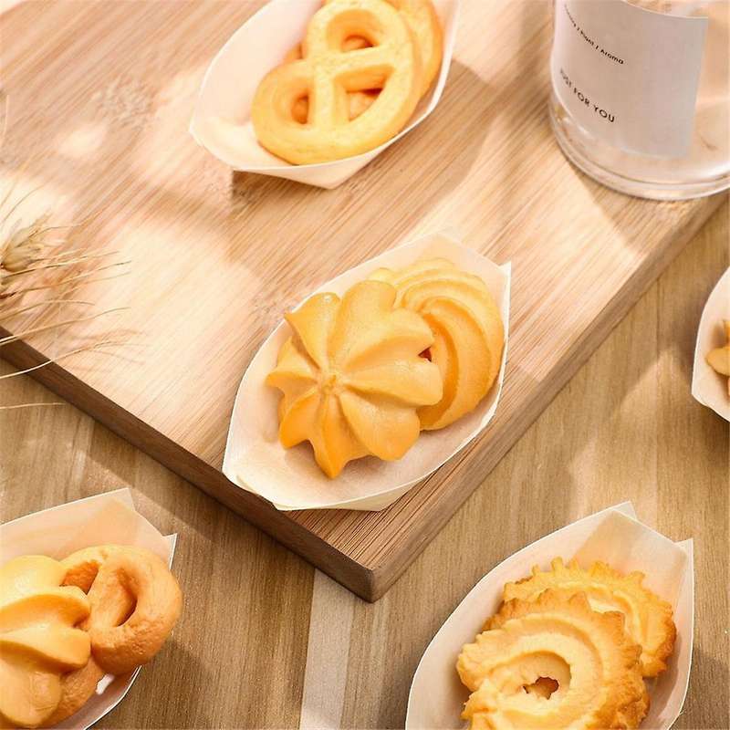 150PCS Disposable Sushi Boats Appetizer Plates Wooden Food Trays Wooden Dinner Plates Sushi and Sash