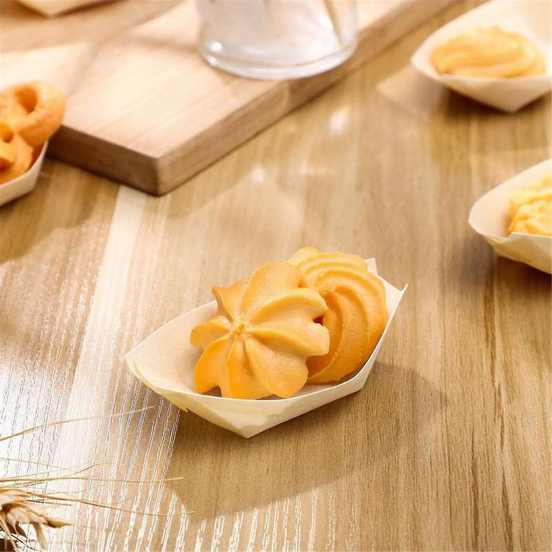 150PCS Disposable Sushi Boats Appetizer Plates Wooden Food Trays Wooden Dinner Plates Sushi and Sash