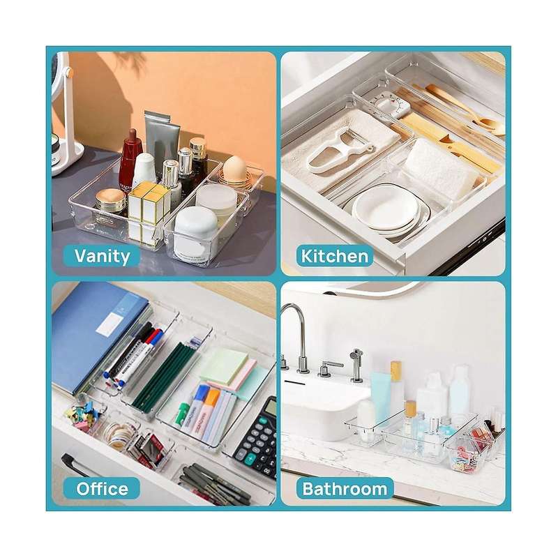 15pcs Clear Plastic Drawer Organizer Set 4-size Versatile Bathroom and Vanity Drawer Organizer Tray