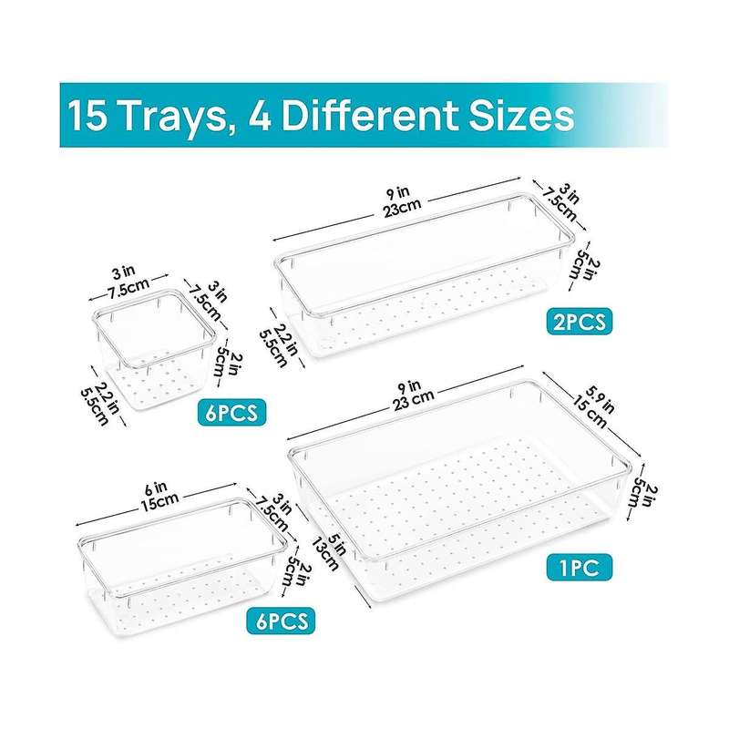15pcs Clear Plastic Drawer Organizer Set 4-size Versatile Bathroom and Vanity Drawer Organizer Tray