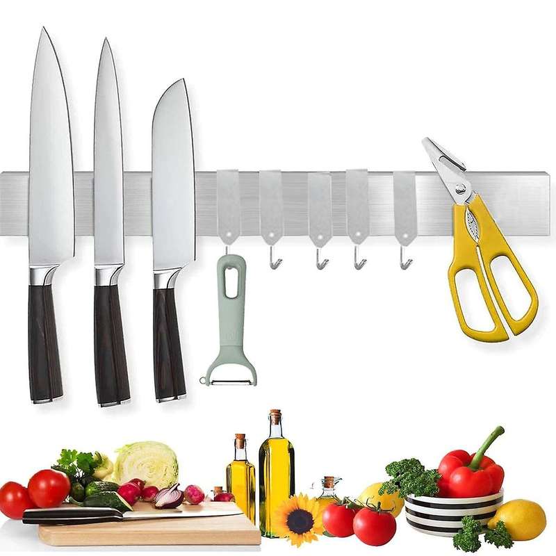 16 Inch Duty Kitchen Magnetic Knife Strip-With Additional 5 Hooks-Multipurpose Stainless Steel Magn