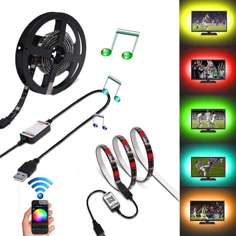 16.4FT USB Led Light Strips with Bluetooth Remote APP Control Color Changing RGB Sync Music for Bedr