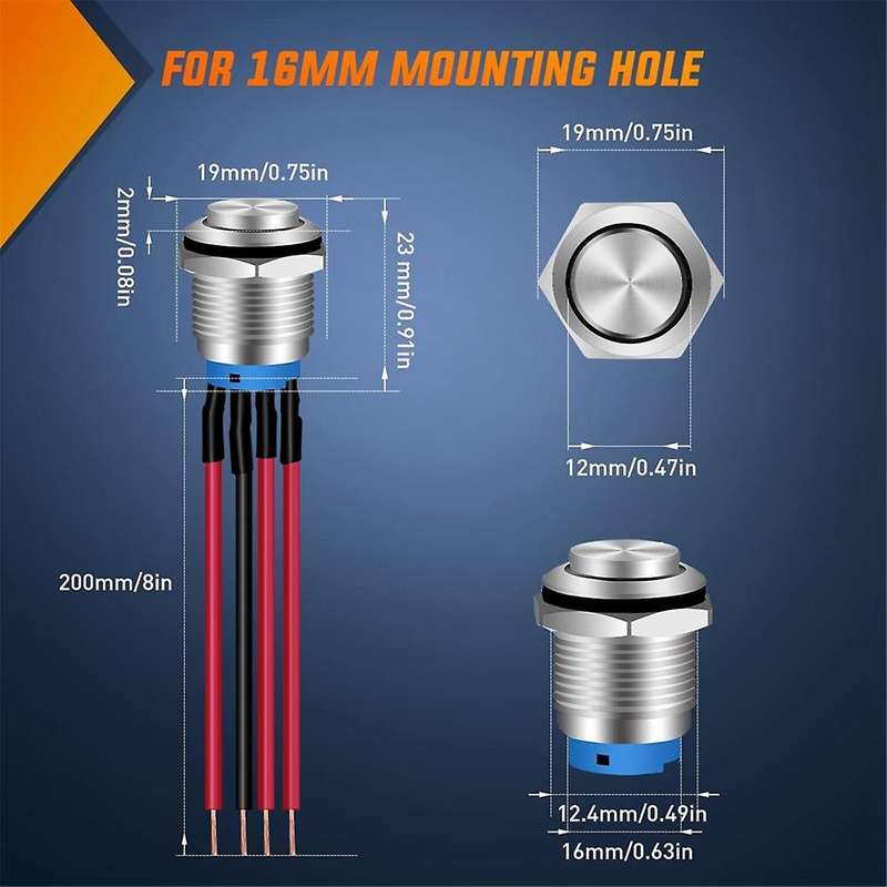 16mm Push Button Switch 5PCS with Pre Wired Harness 12V 24V Metal Self Locking Latching LED Round S