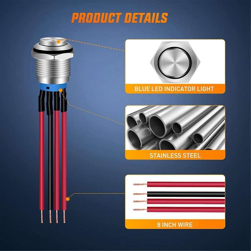 16mm Push Button Switch 5PCS with Pre Wired Harness 12V 24V Metal Self Locking Latching LED Round S