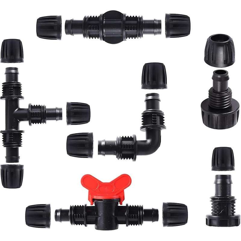 16mm PE Irrigation Pipe Fittings Kit 16-Piece Set for 4mm Soft Hose Tee Valve Reducing Tee 6-Way End