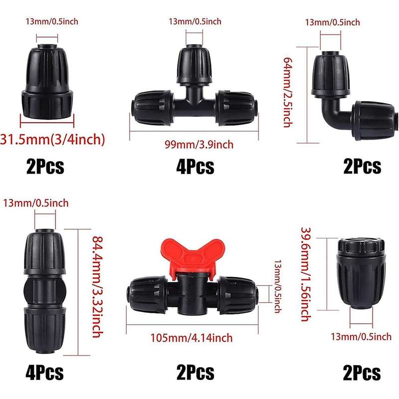 16mm PE Irrigation Pipe Fittings Kit 16-Piece Set for 4mm Soft Hose Tee Valve Reducing Tee 6-Way End