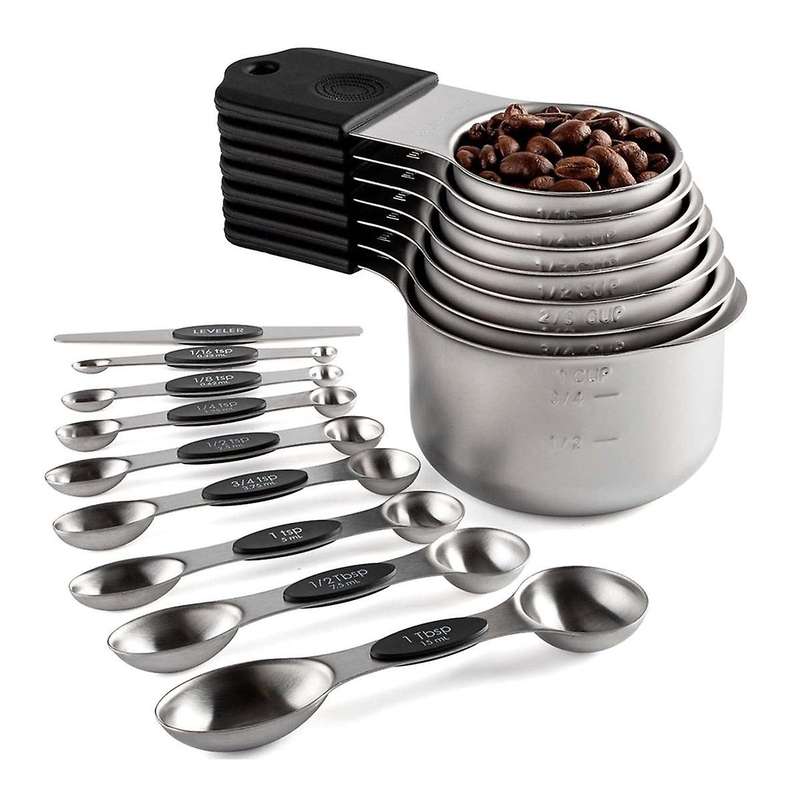 16Pc Magnetic Stainless Steel Measuring Cups & Spoons Set, 7 Heavy Duty Cups,8 Double Sided Spoons