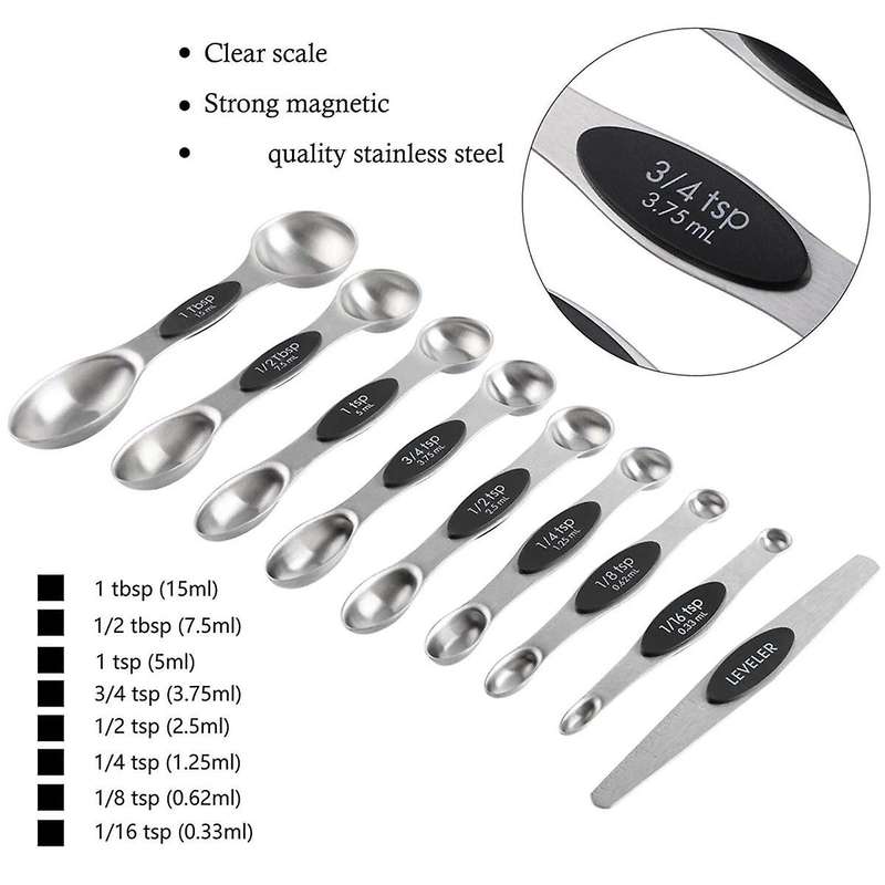 16Pc Magnetic Stainless Steel Measuring Cups & Spoons Set, 7 Heavy Duty Cups,8 Double Sided Spoons w