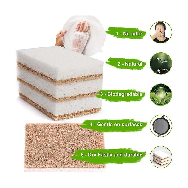 16pcs Biodegradable Compostable Cellulose Kitchen Sponges Coconut Scrubber - Eco Friendly Sponge for
