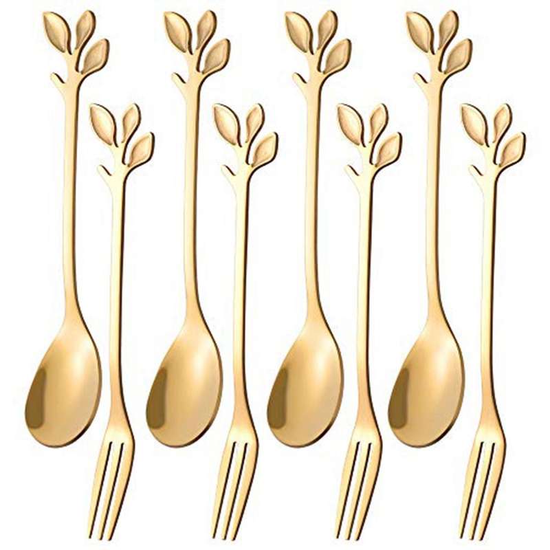16pcs Dessert Spoon and Fork Set Cake Fork Coffee Spoon Fruit Fork Stainless Steel -gold
