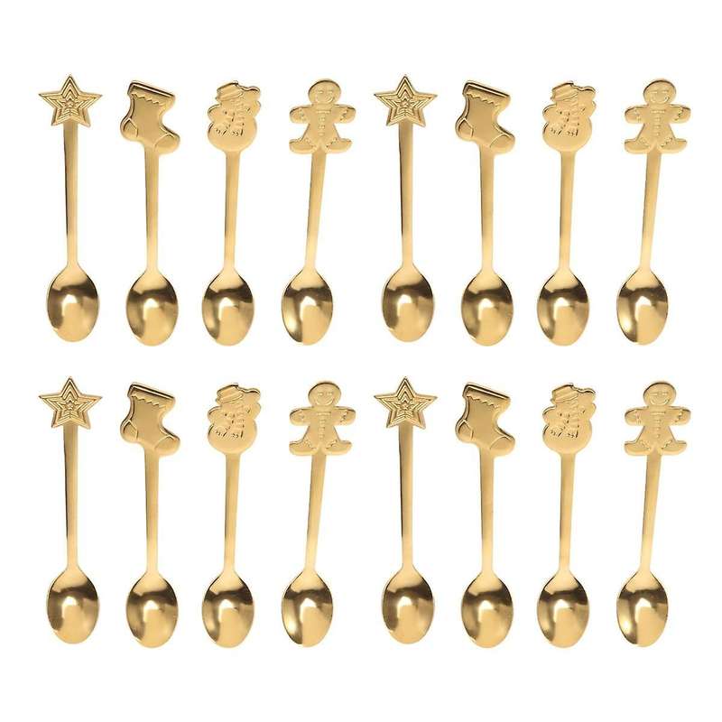 16Pcs Stainless Xmas Coffee Spoons Dessert Spoon Kitchen New Year Gifts Gold