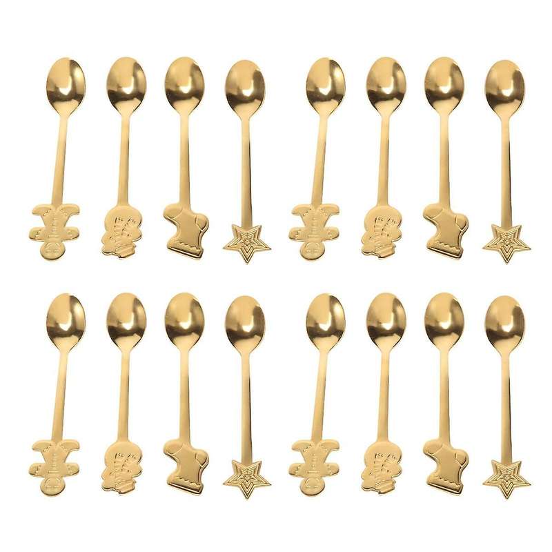 16Pcs Stainless Xmas Coffee Spoons Dessert Spoon Kitchen New Year Gifts Gold