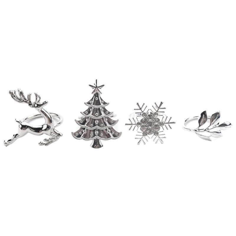 16Pcs Silver Christmas Napkin Rings Snowflake Napkin Rings Decor Christmas Deer Napkin Holders Leave