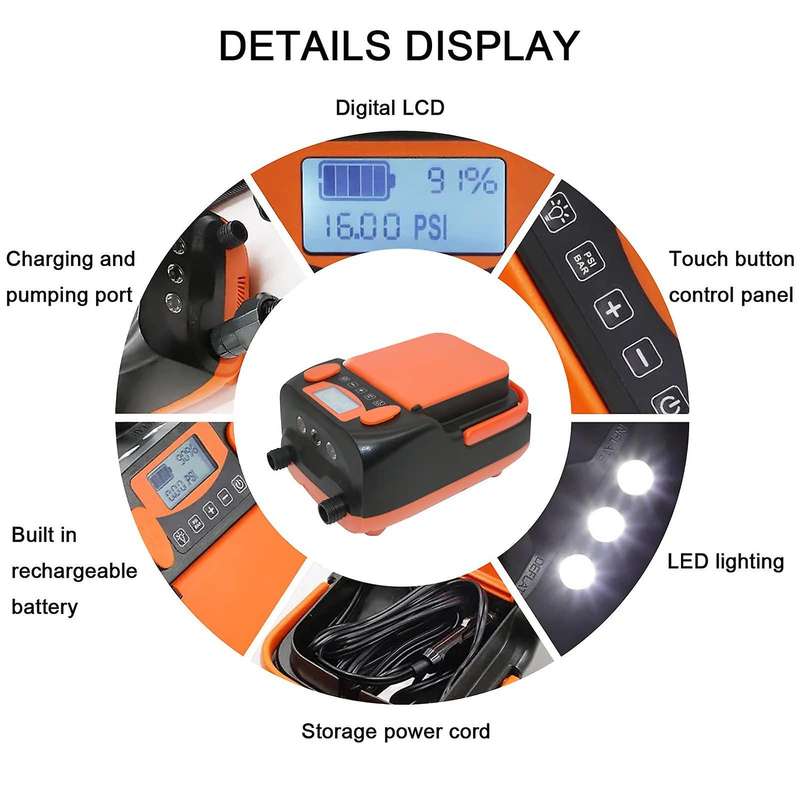 16PSI Intelligent Double Stage Air Pump with 6PCS Nozzles LCD Display 6000MAh Electric Pump Support