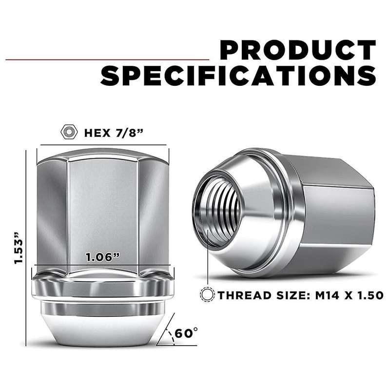 1709D-24AM Solid Piece Chrome M14x1.50 Duplex Bulge Lug Nut for Select ///Ram, 24 Pack