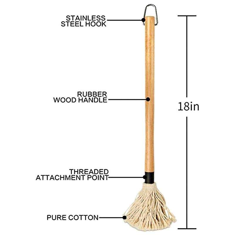 18 Inch BBQ Grill Basting Mop Brush Wooden Long Handle and with 1 Extra Replacement Heads for BBQ Gr