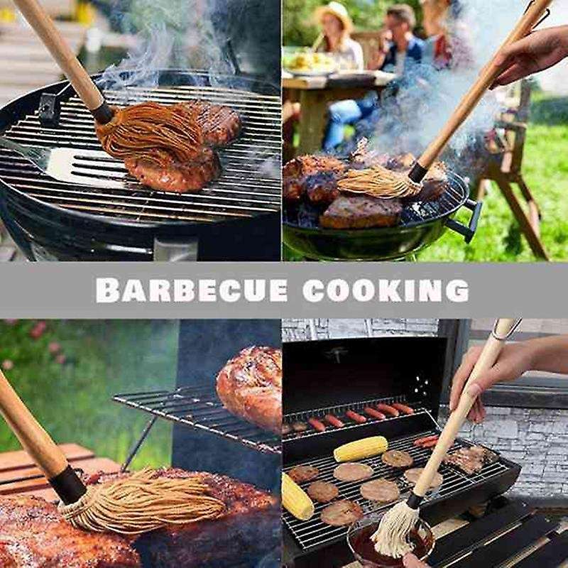 18 Inch BBQ Grill Basting Mop Brush Wooden Long Handle and with 1 Extra Replacement Heads for BBQ Gr