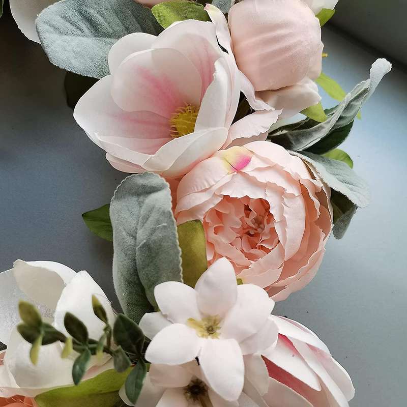 18 Inch Door Wreath Peony Magnolia Flower Wreaths Spring Summer Front Door Artificial Wreath(White)
