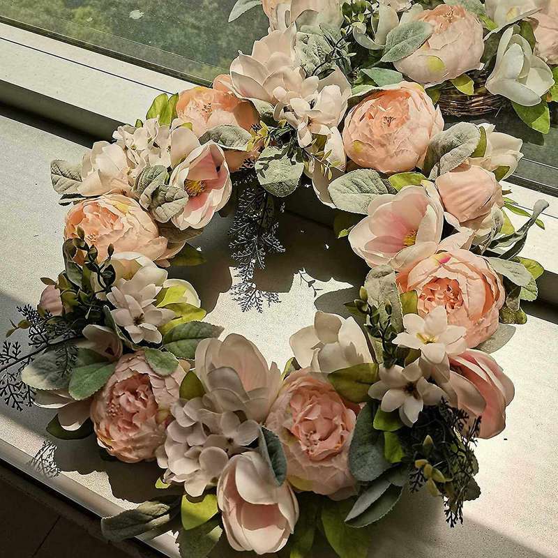 18 Inch Door Wreath Peony Magnolia Flower Wreaths Spring Summer Front Door Artificial Wreath(White)