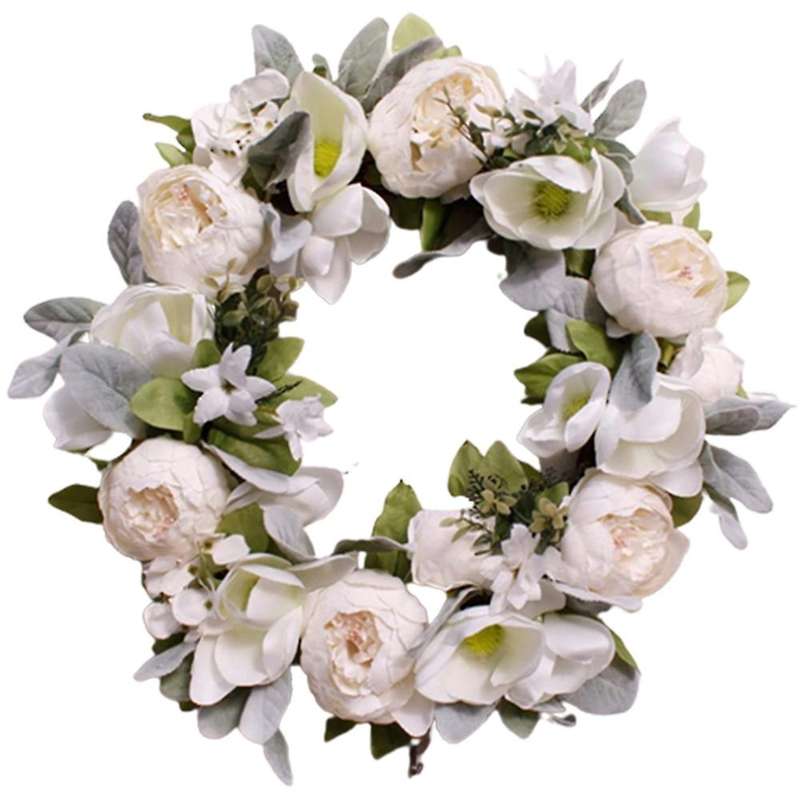 18 Inch Door Wreath Peony Magnolia Flower Wreaths Spring Summer Front Door Artificial Wreath(White)