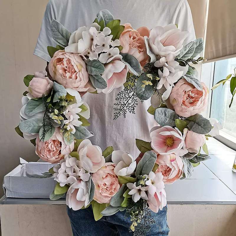 18 Inch Door Wreath Peony Magnolia Flower Wreaths Spring Summer Front Door Artificial Wreath(White)