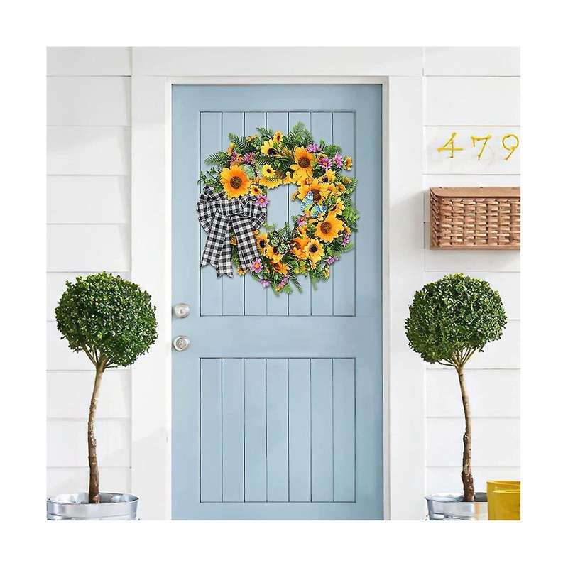 18 Inch Sunflower Wreath, Spring/summer Wreath with Led Lights for Front Door Farmhouse, Handmade S