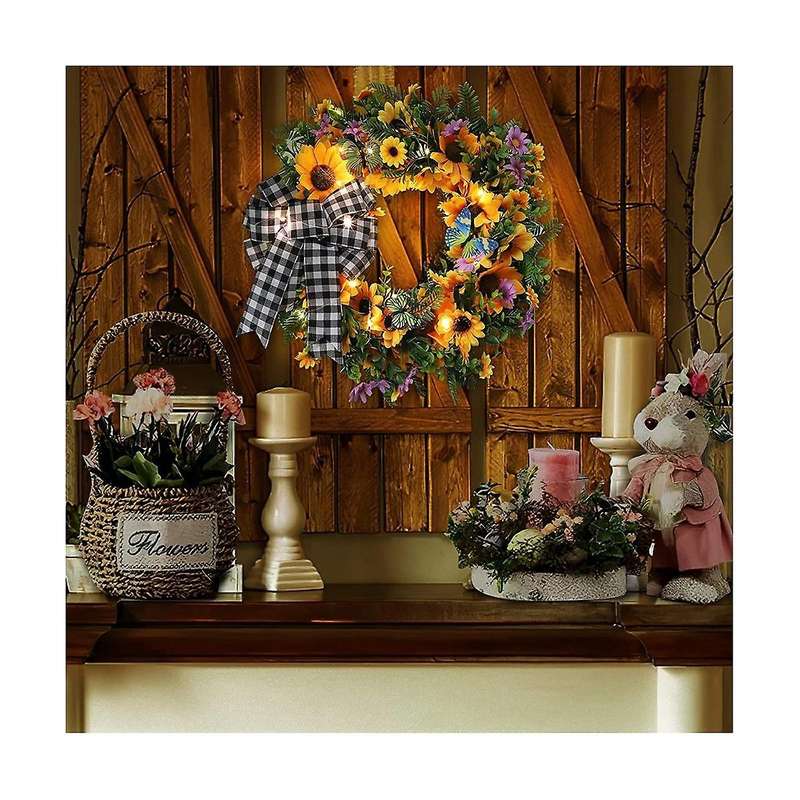 18 Inch Sunflower Wreath, Spring/summer Wreath with Led Lights for Front Door Farmhouse, Handmade S