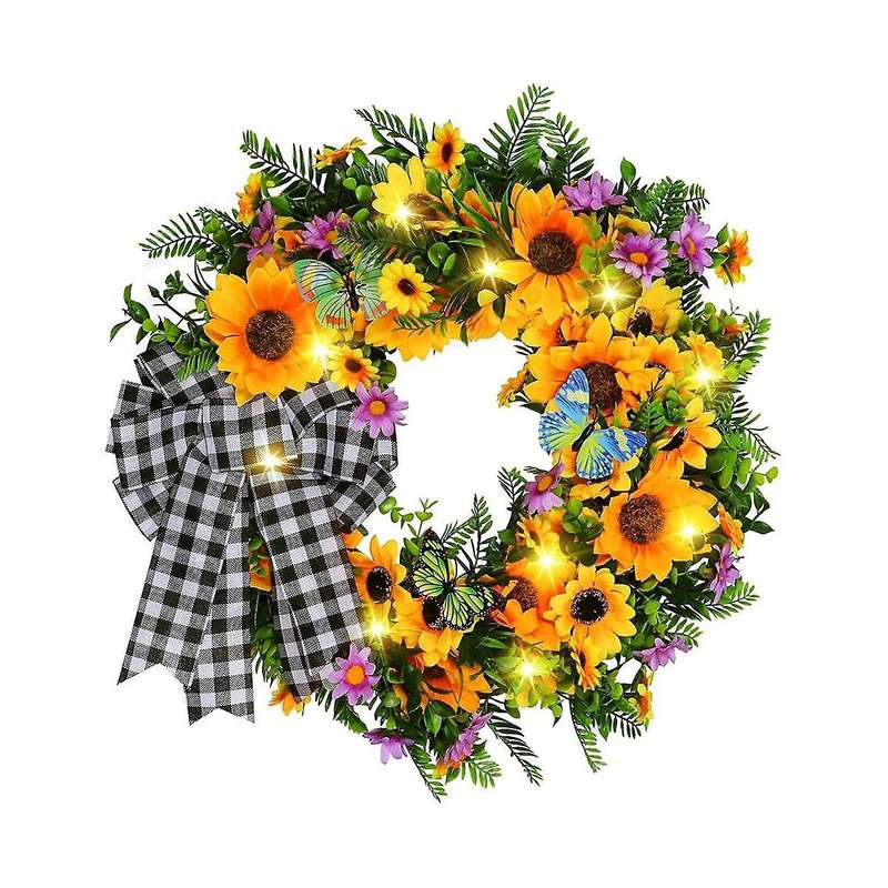 18 Inch Sunflower Wreath, Spring/summer Wreath with Led Lights for Front Door Farmhouse, Handmade S