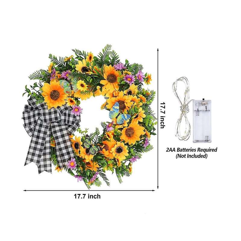 18 Inch Sunflower Wreath, Spring/summer Wreath with Led Lights for Front Door Farmhouse, Handmade S
