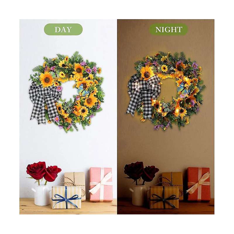 18 Inch Sunflower Wreath, Spring/summer Wreath with Led Lights for Front Door Farmhouse, Handmade S