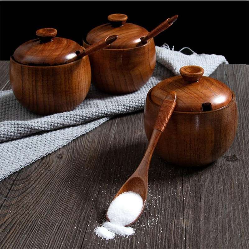 180Ml/6Oz Wooden Seasoning Jar with Lid and Spoon,Kitchen Retro Salt Shaker Sugar Seasoning Storage