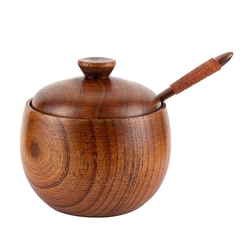 180Ml/6Oz Wooden Seasoning Jar with Lid and Spoon,Kitchen Retro Salt Shaker Sugar Seasoning Storage