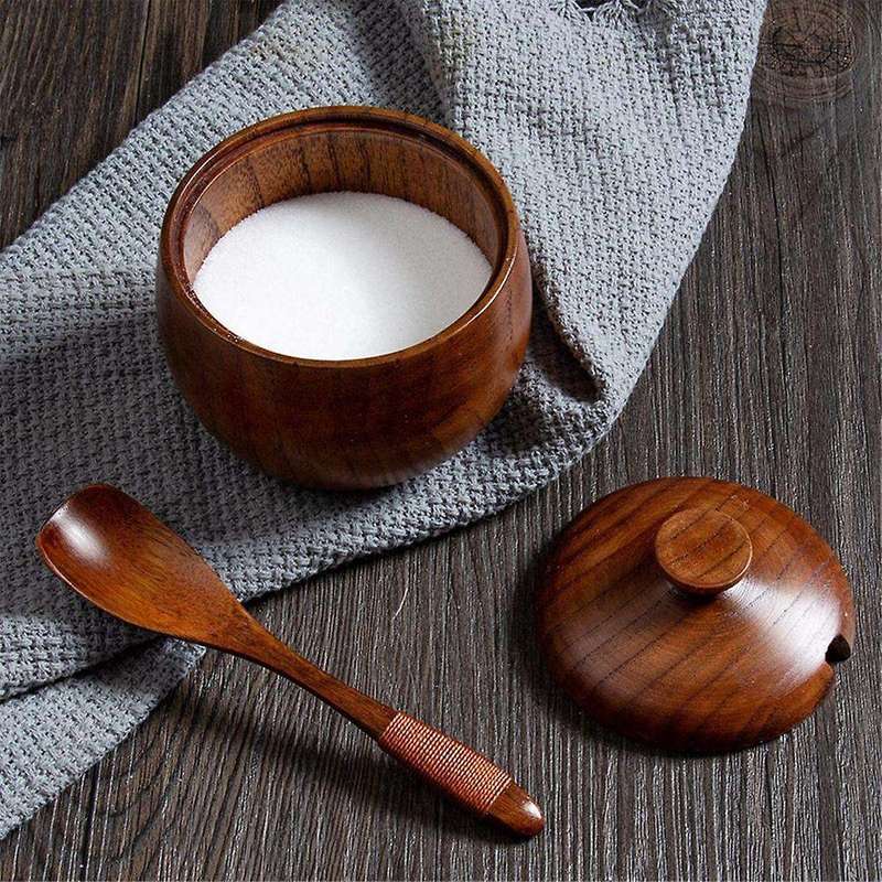 180ml/6oz Wooden Seasoning Jar with Lid and Spoon,kitchen Retro Salt Shaker Sugar Seasoning Storage