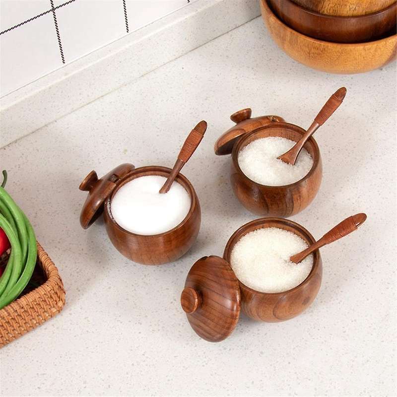 180ml/6oz Wooden Seasoning Jar with Lid and Spoon,kitchen Retro Salt Shaker Sugar Seasoning Storage