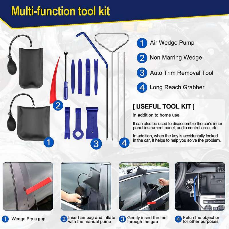 18Pcs Car Tool Kit Easy Entry Long Reach Air Wedge Bag Auto Trim Removal Tool Essential Emergency Lo