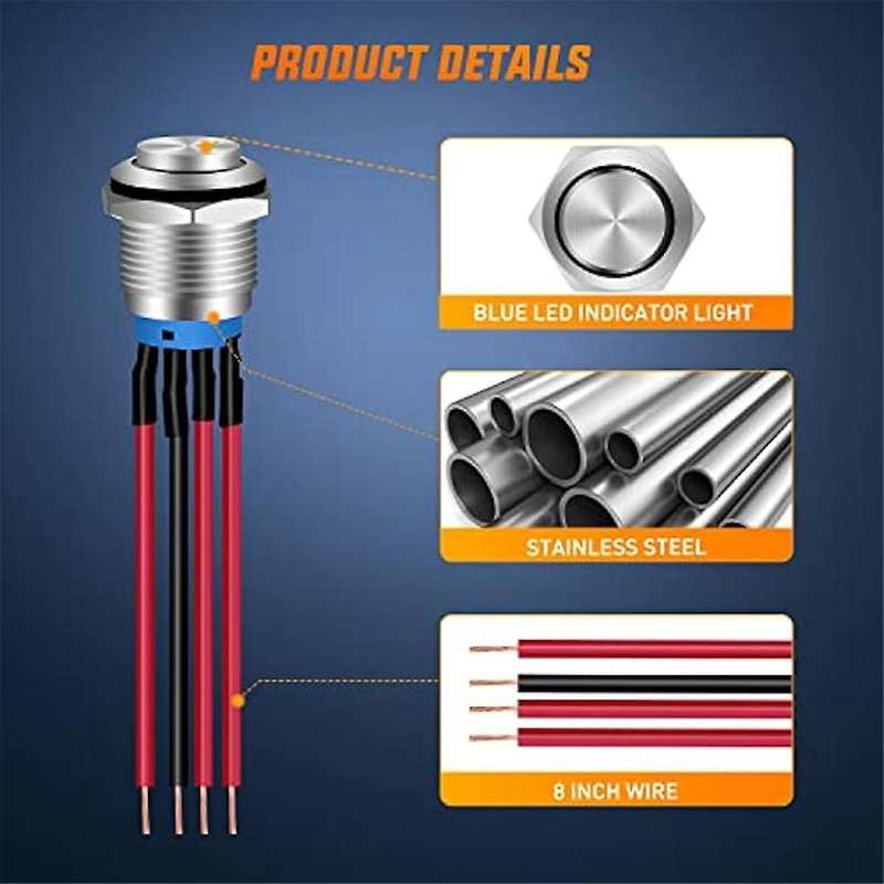 19mm Push Button Switch 5pcs with Pre Wired Harness 12v 24v Self Locking Latching Led Round Switche