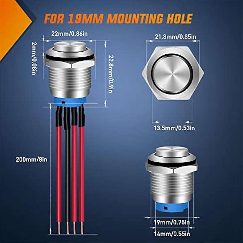 19mm Push Button Switch 5PCS with Pre Wired Harness 12V 24V Self Locking Latching LED Round Switches