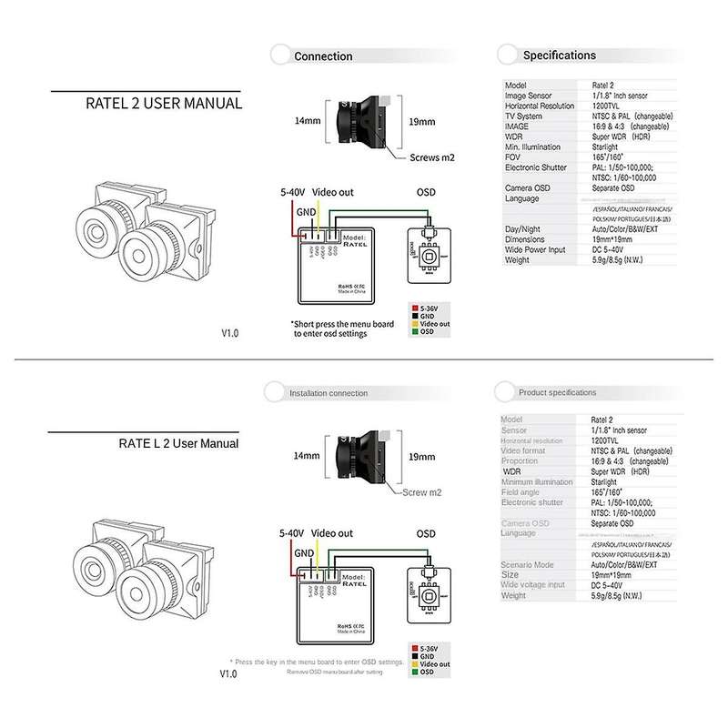 19x19mm for 2 1/1.8Inch Starlight 1200TVL NTSC PAL 16:9 4:3 Switchable Super WDR FPV Micro-Camera fo