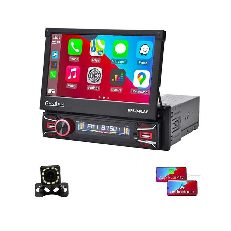 1din Car Stereo Wireless Carplay Android Auto 7in Electric Flip Out Touch Screen Car Radio Bluetooth
