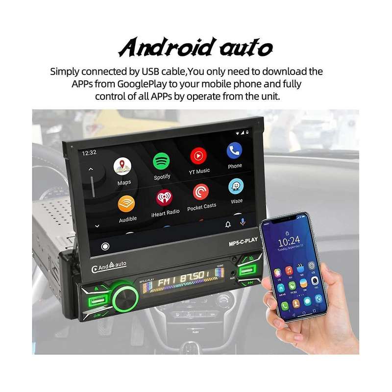 1din Car Stereo Wireless Carplay Android Auto 7in Electric Flip Out Touch Screen Car Radio Bluetooth