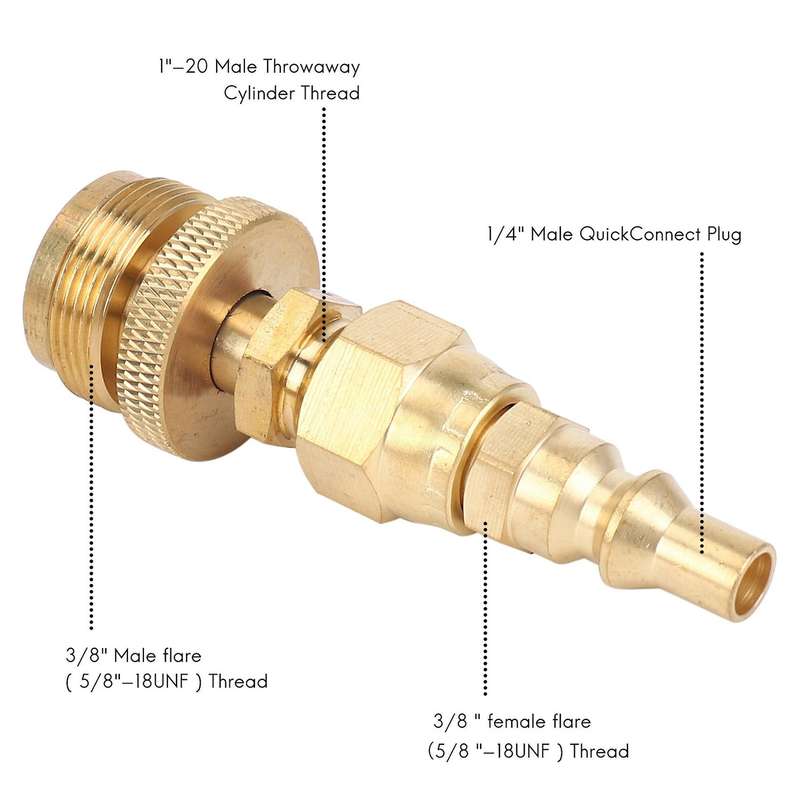 1LB Propane Regulator Adapter, 1in -20 Male Throwaway Cylinder to 3/8in Male Flare and 1/4in Quick