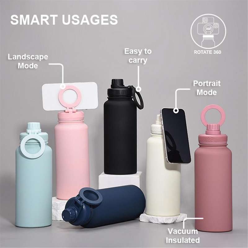 1L ThermosCup Cellphone Magnetic Stand Double Stainless Steel Portable Handle Protect Insulation an