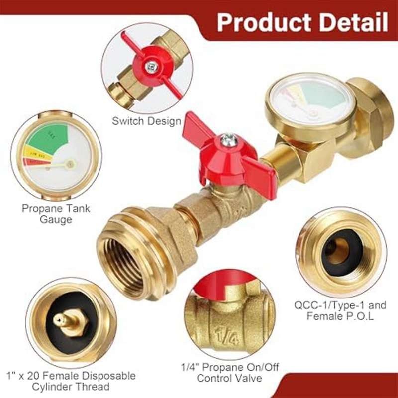 1lb Propane Tank Adapter, 20lb to 1lb Converter with Gauge and On/off Valve for 1lb/16.4oz Disposabl